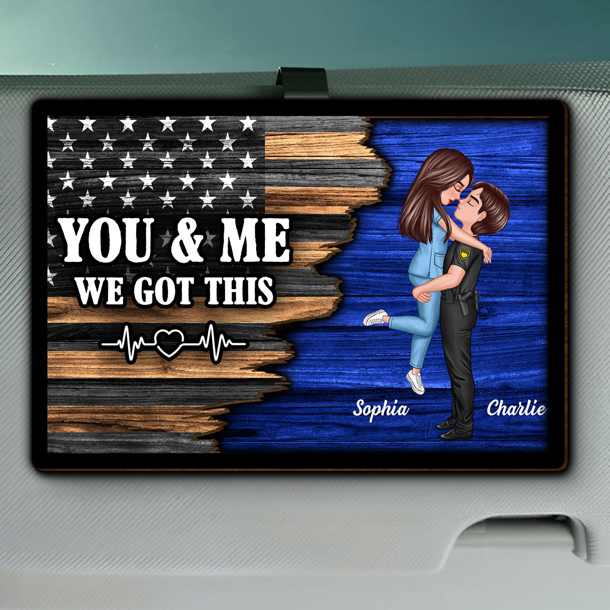 Hero Couple Hugging Kissing Half Flag Valentine's Day Gift by Occupation Gift For Her Gift For Him Personalized Car Visor