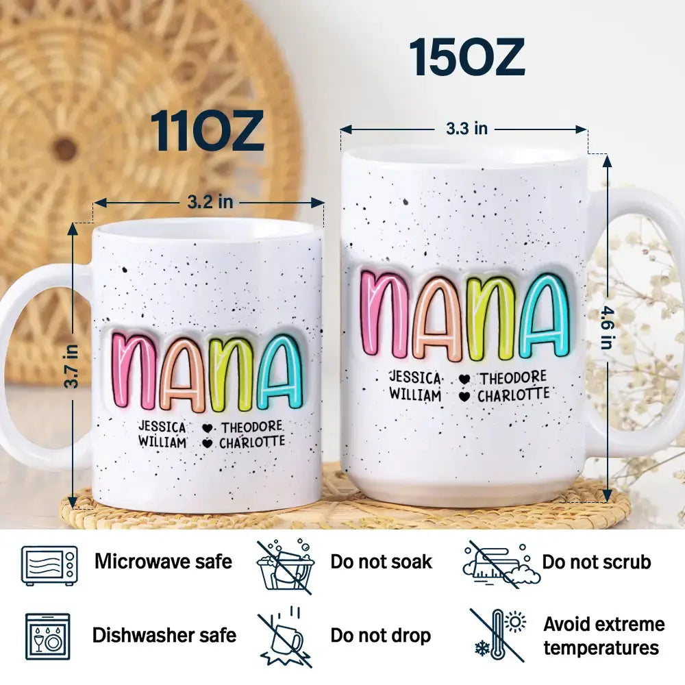 Nana Grandma Mama Kid Name Colorful Pattern - 3D Inflated Effect Printed Mug, Personalized White Edge-to-Edge Mug Mug The Next Custom Gift