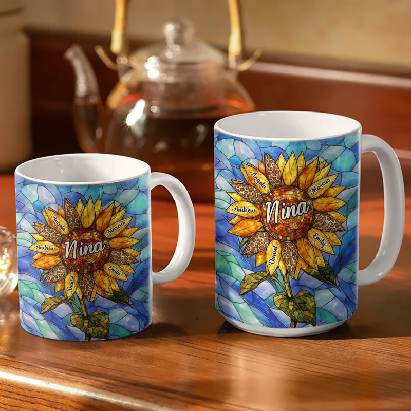 Nana Auntie Mom Family Sunflower - Stained Glass Effect - Personalized White Edge-to-Edge Mug