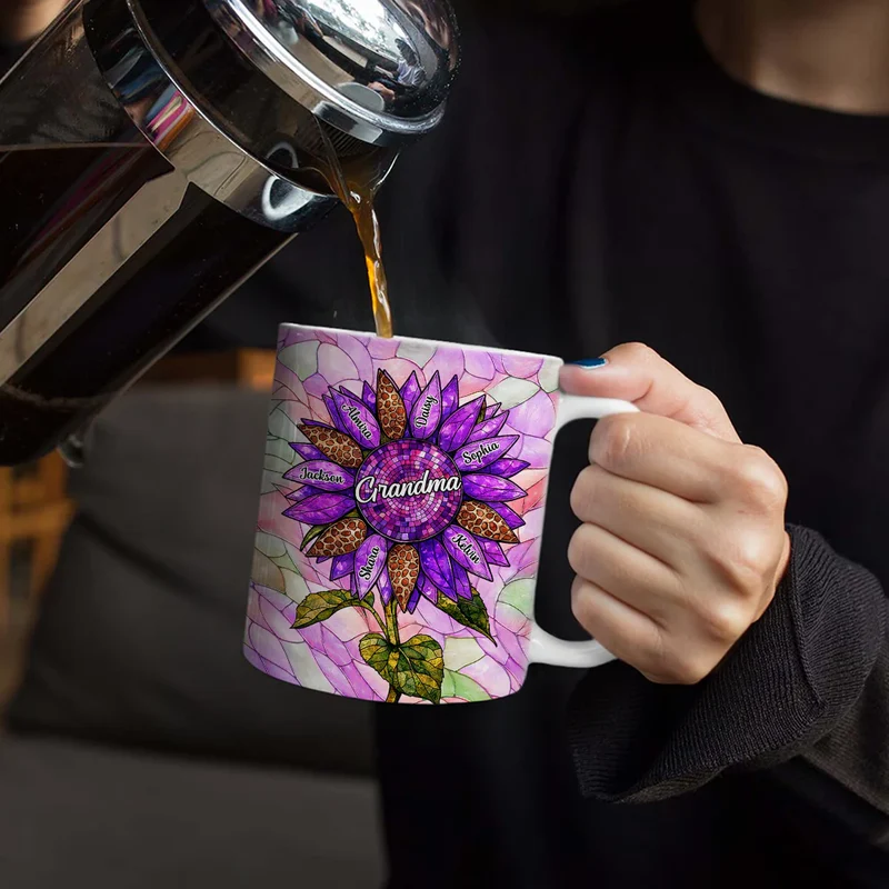 Nana Auntie Mom Family Sunflower - Stained Glass Effect - Personalized White Edge-to-Edge Mug