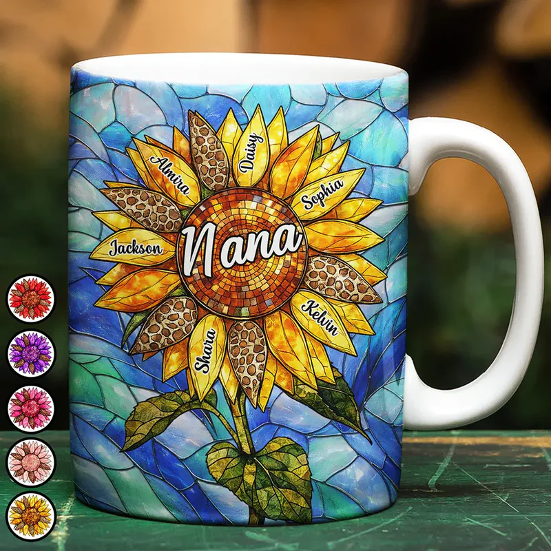 Nana Auntie Mom Family Sunflower - Stained Glass Effect - Personalized White Edge-to-Edge Mug