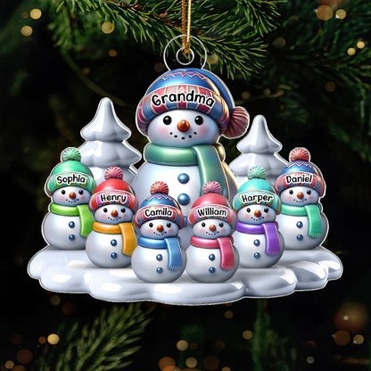 3D Effect Winter Grandma & Grandkids Snowmen Christmas Personalized Acrylic Ornament