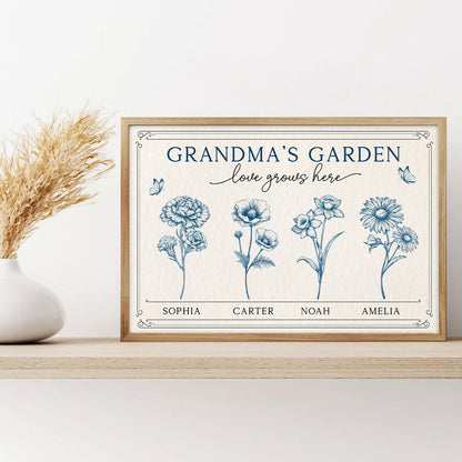 Grandma's Garden Retro Birthmonth Flower Personalized Poster, Grandkids Names Floral Gift