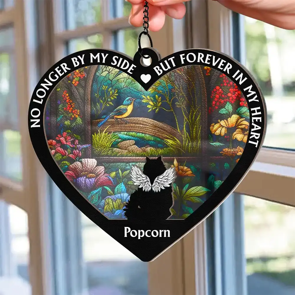 No Longer By My Side Dog Cat Memorial Heart - Personalized Window Hanging Suncatcher Ornament Hanging Suncatcher Ornament The Next Custom Gift