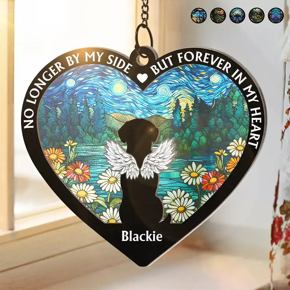 No Longer By My Side Dog Cat Memorial Heart - Personalized Window Hanging Suncatcher Ornament Hanging Suncatcher Ornament The Next Custom Gift