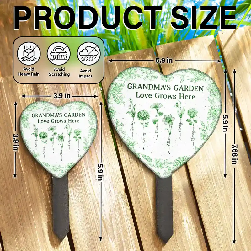 Grandma's Garden Love Grows Here Toile Flower - Personalized Heart Slate Garden Stake