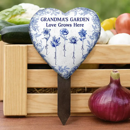 Grandma's Garden Love Grows Here Toile Flower - Personalized Heart Slate Garden Stake