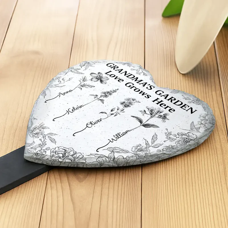 Grandma's Garden Love Grows Here Toile Flower - Personalized Heart Slate Garden Stake