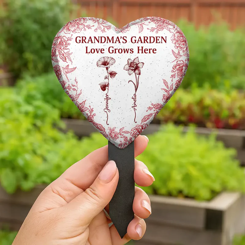 Grandma's Garden Love Grows Here Toile Flower - Personalized Heart Slate Garden Stake