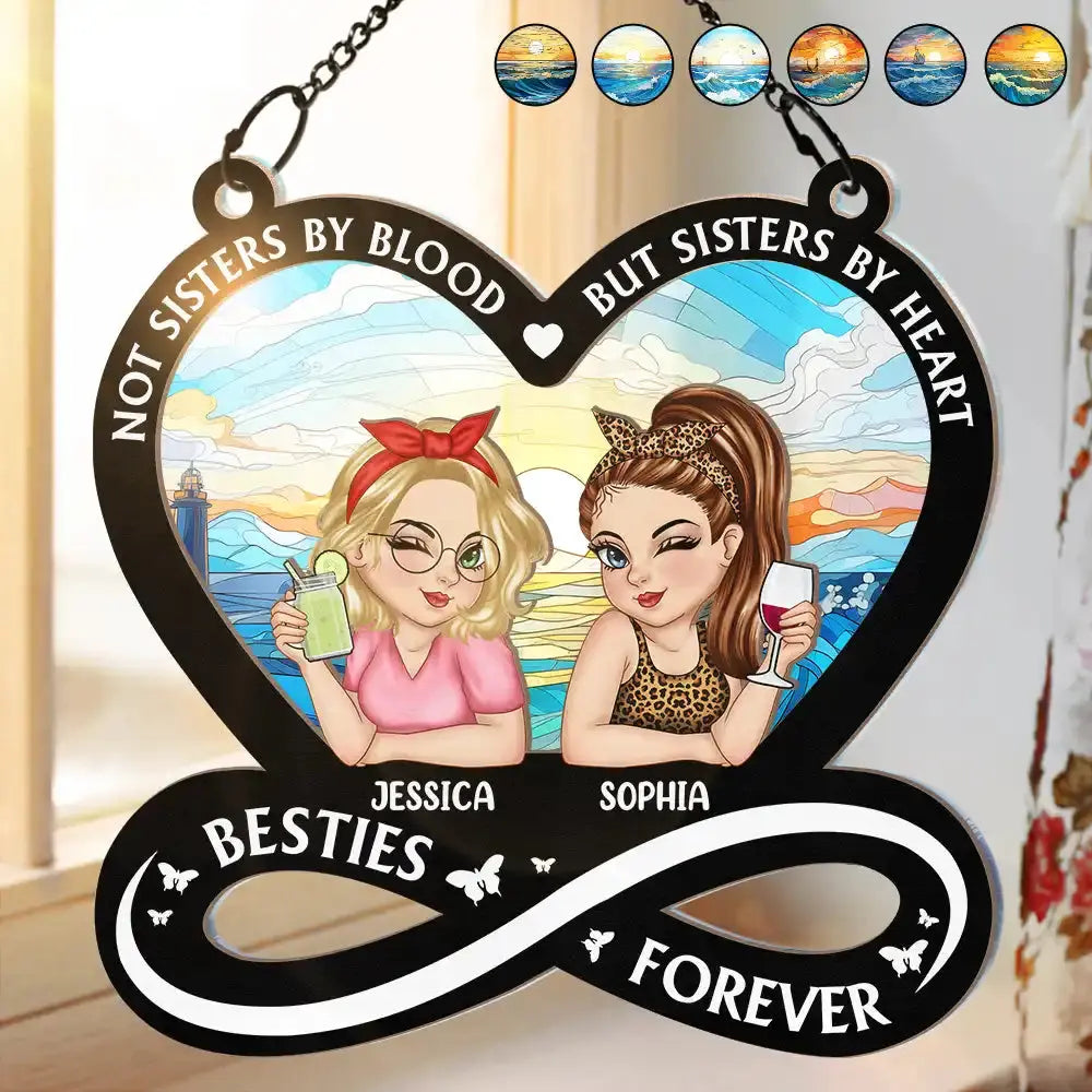 Not Sisters By Blood But Sisters By Heart Cartoon Woman - Personalized Window Hanging Suncatcher Ornament Hanging Suncatcher Ornament The Next Custom Gift