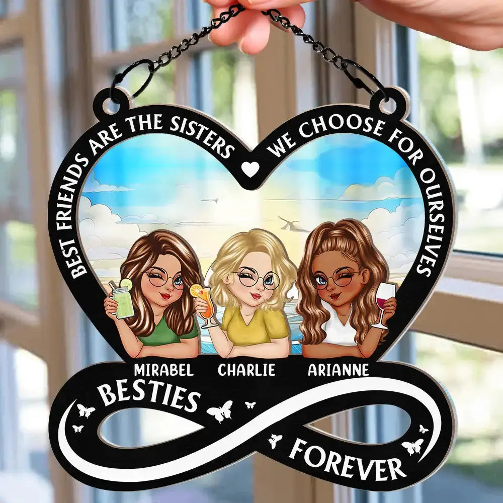 Not Sisters By Blood But Sisters By Heart Cartoon Woman - Personalized Window Hanging Suncatcher Ornament Hanging Suncatcher Ornament The Next Custom Gift