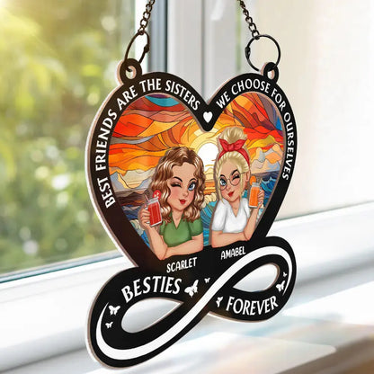 Not Sisters By Blood But Sisters By Heart Cartoon Woman - Personalized Window Hanging Suncatcher Ornament Hanging Suncatcher Ornament The Next Custom Gift