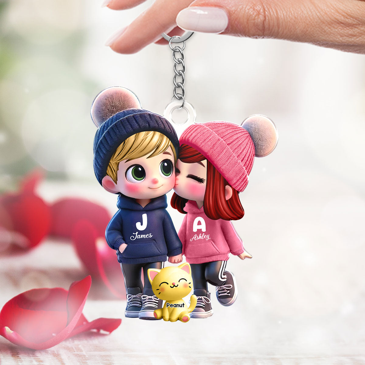 3D Cute Cartoon Couple You Me And The Dog Cat Personalized Acrylic Keychain, Valentine's Day Gift for Him, Gift for Her