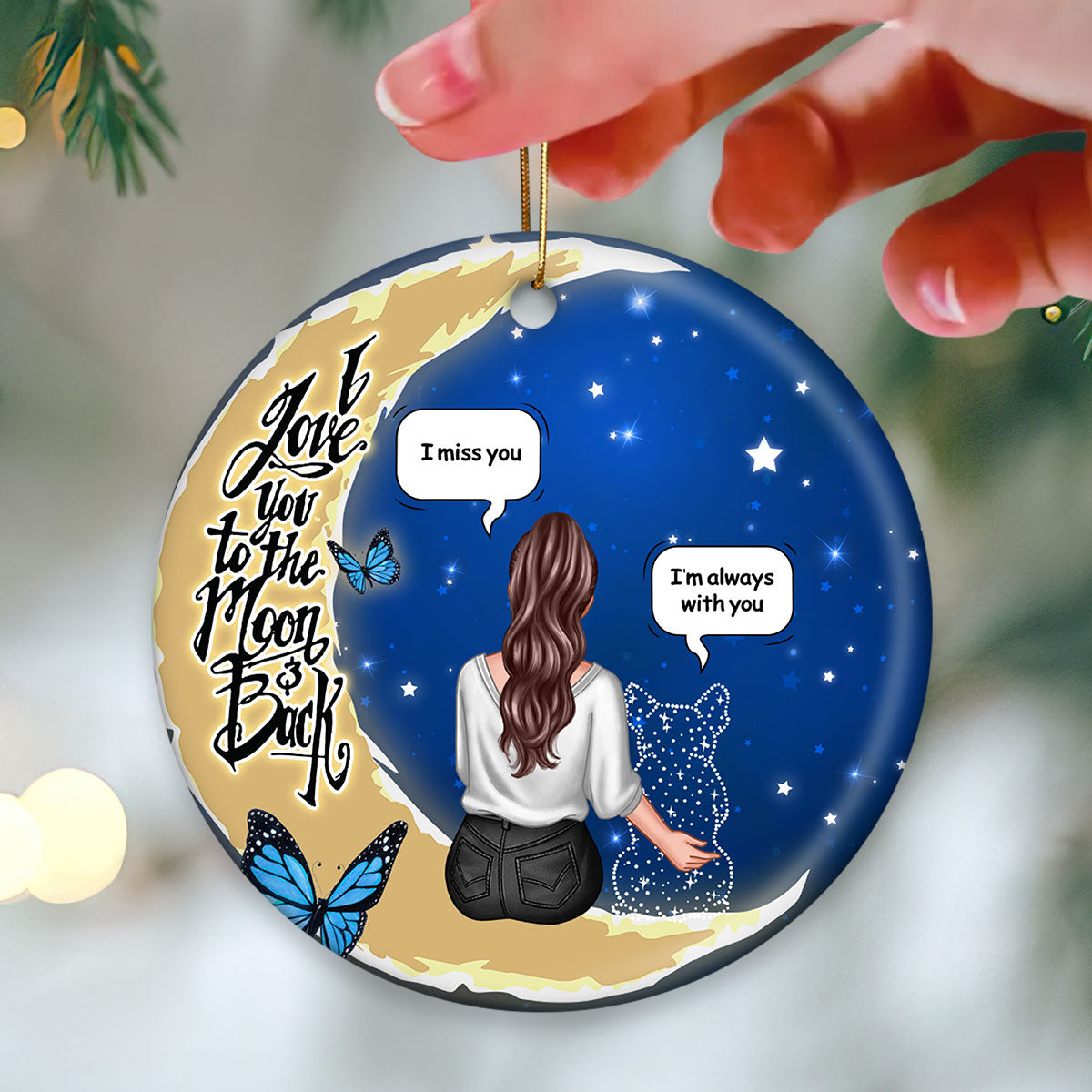 Dog Memorial Sitting On Moon Personalized Circle Ceramic Ornament