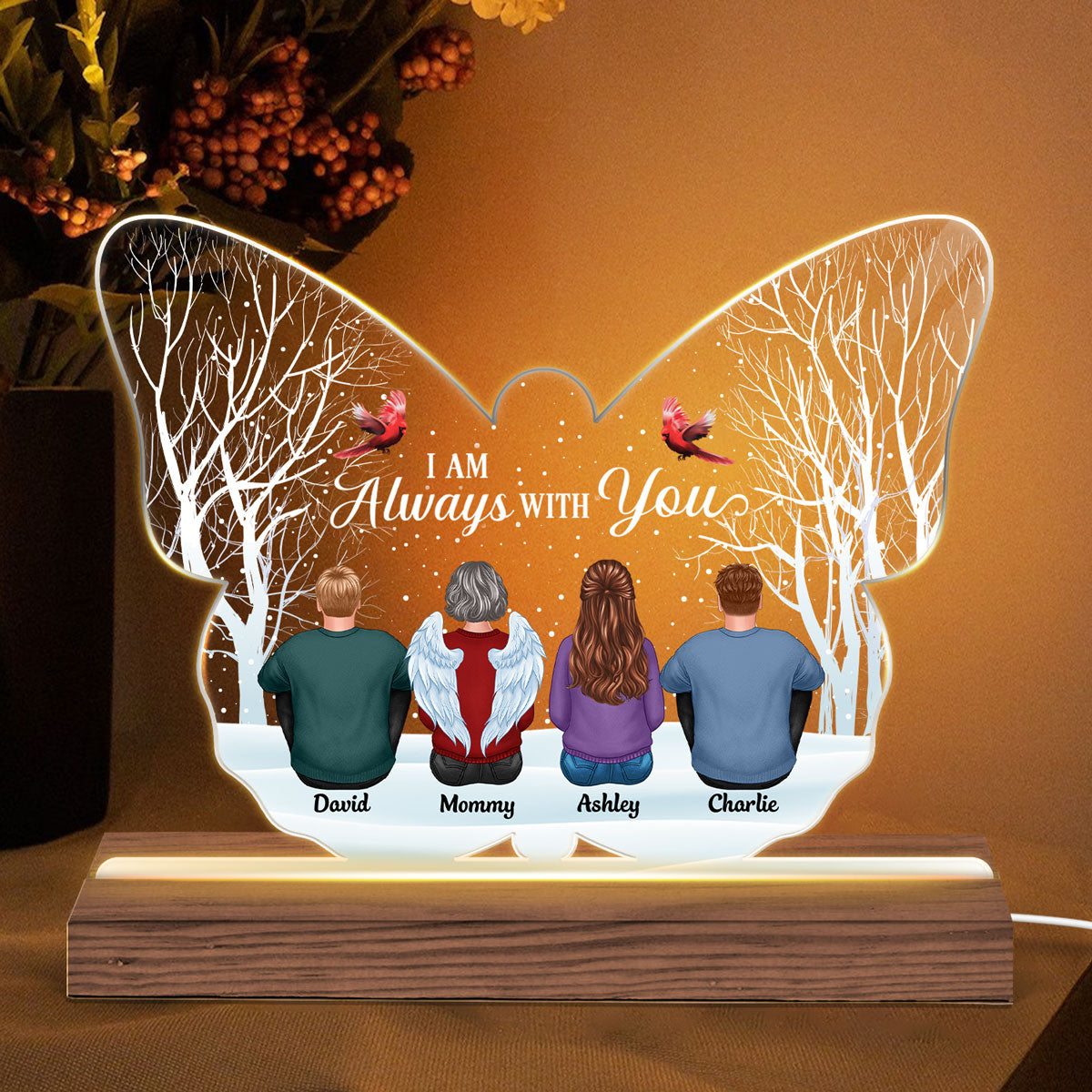 Always With You Family Sitting In Snow Memorial Remembrance Gift Personalized Custom Shape Acrylic Plaque LED Night Light
