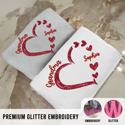 Forever In Grandma's Heart Personalized Glitter Embroidery Sweatshirt, Heartfelt Birthday Mother's Day Gift For Mom, Grandma