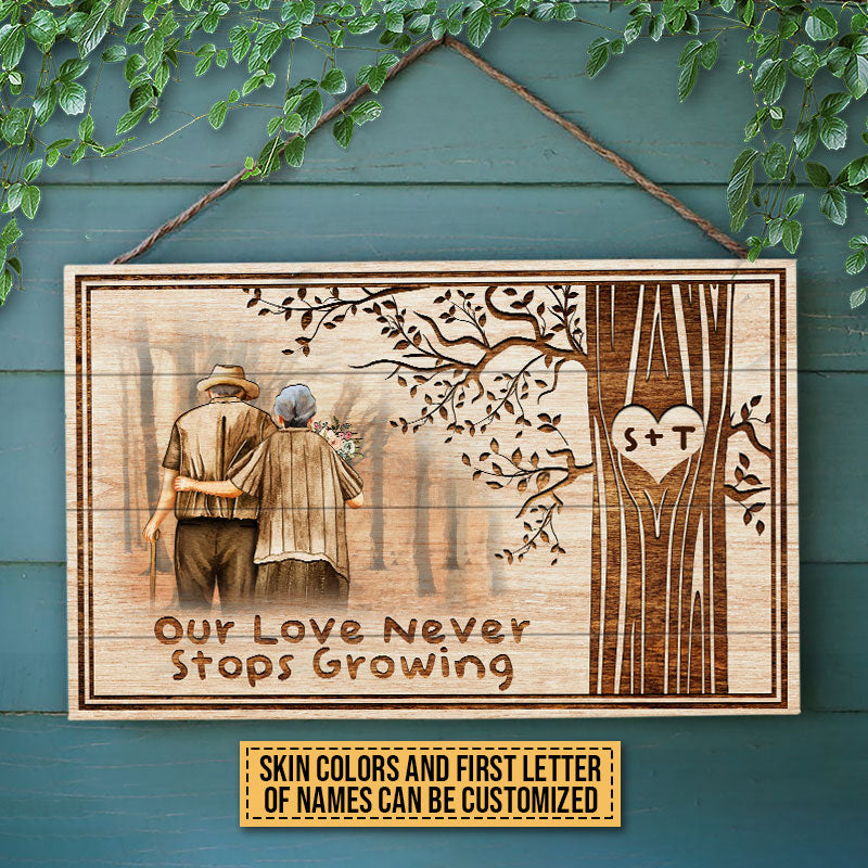 Old Couple Never Stops Growing Custom Wood Rectangle Sign, Gifts For Wedding, Anniversary, Birthday, Grandparents' Day Gift