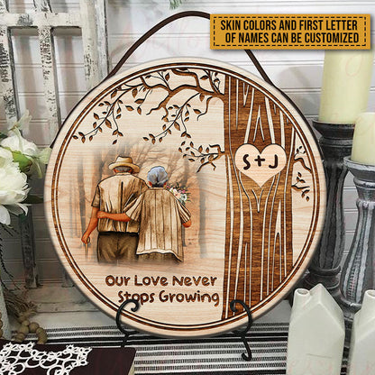 Old Couple Never Stops Growing Custom Wood Circle Sign, Gifts For Wedding, Anniversary, Birthday, Grandparents' Day Gift