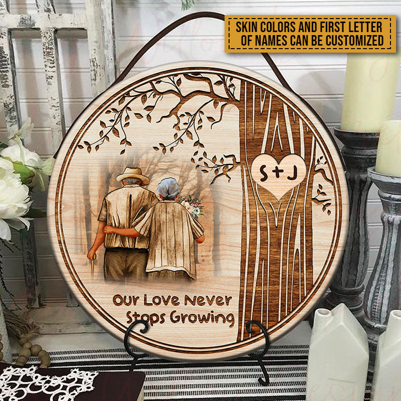 Old Couple Never Stops Growing Custom Wood Circle Sign, Gifts For Wedding, Anniversary, Birthday, Grandparents' Day Gift
