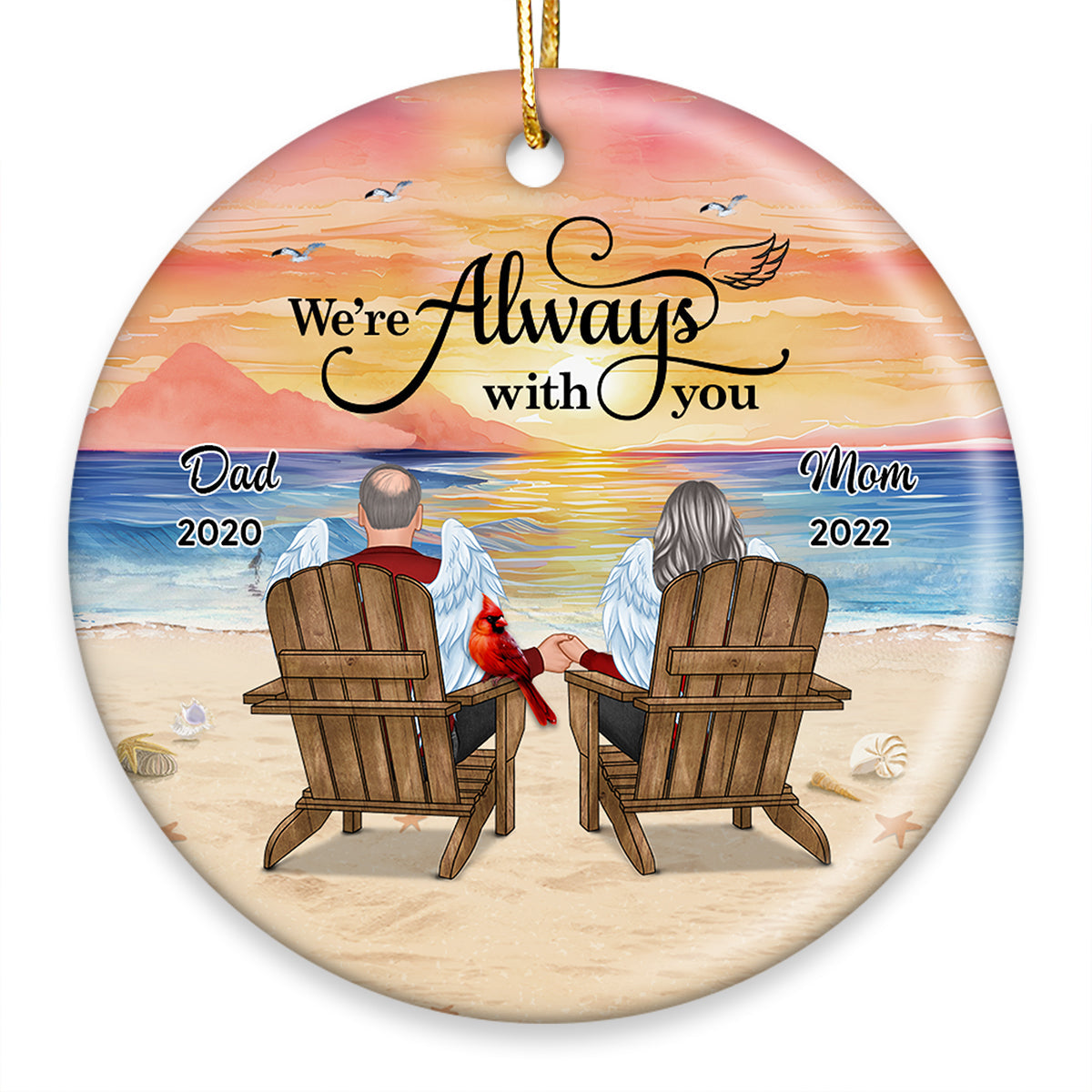 Dad Mom Sitting On Chair At Beach Memorial Keepsake Personalized Circle Ornament