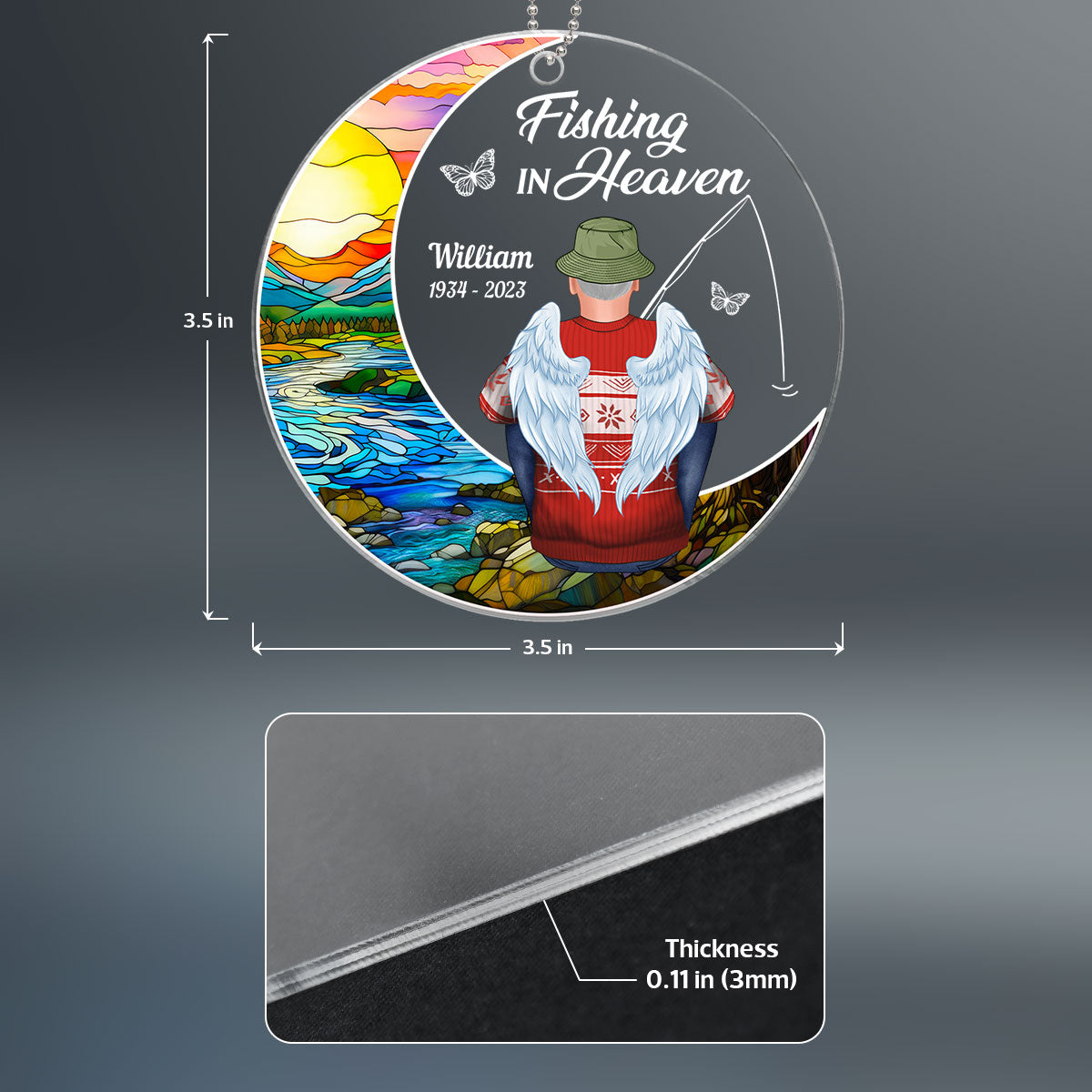 Fishing In Heaven Stained Glass Moon Memorial Keepsake Personalized Acrylic Ornament