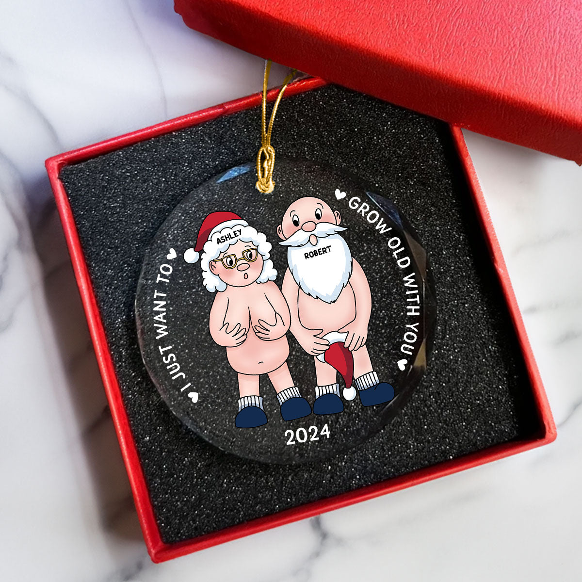 Funny Old Couple Personalized Circle Glass Ornament Christmas Gift for Him for Her