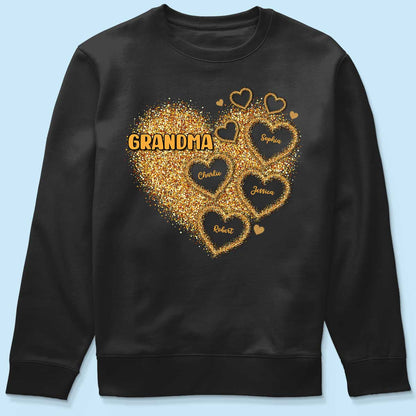 Grandma Mom Gold Glitter Heart Personalized Shirt, Gift For Grandma