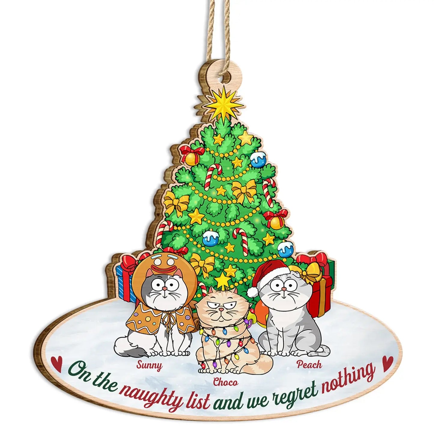 On The Naughty List & We Regret Nothing Funny Cartoon Cats - Christmas Gift For Cat Lovers - Personalized Custom Shaped Wooden Ornament Ornament The Next Custom Gift