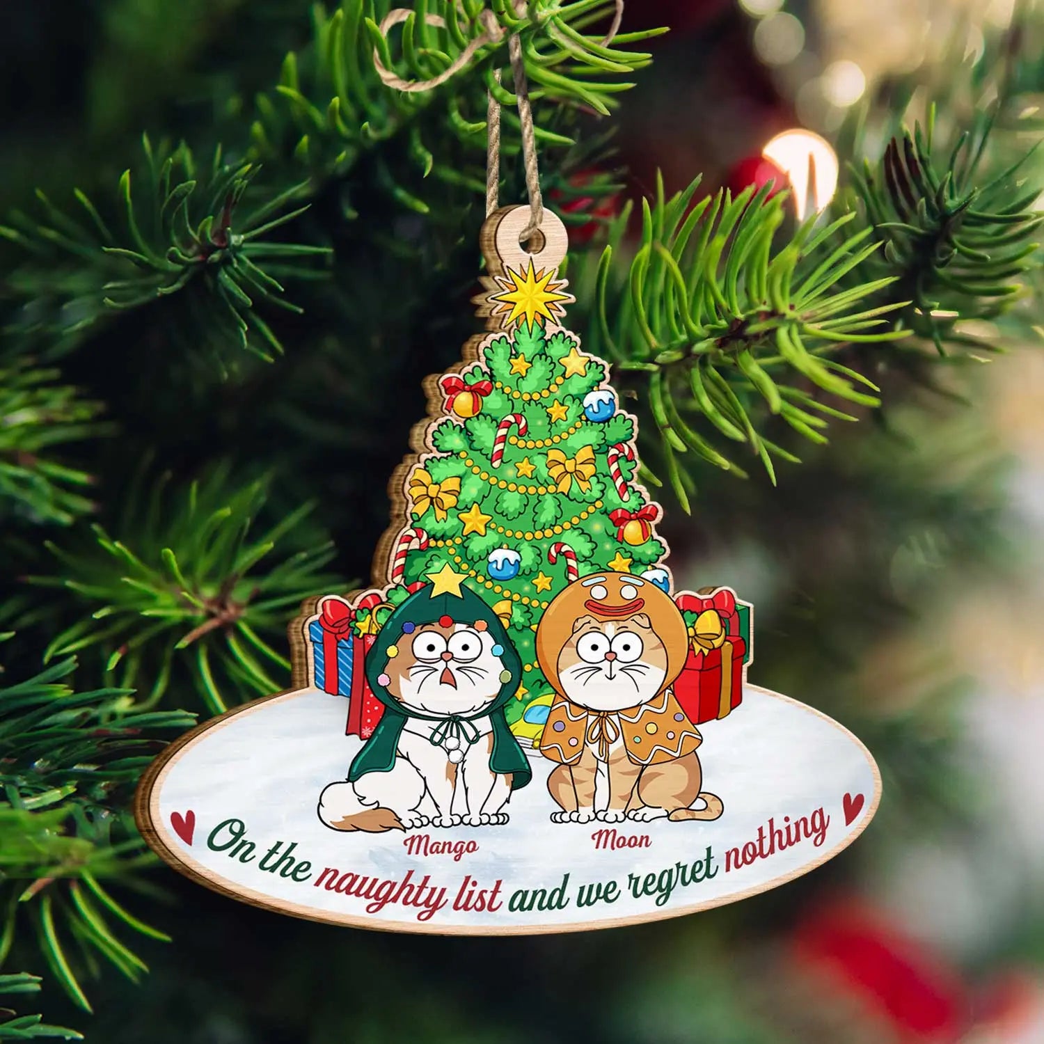 On The Naughty List & We Regret Nothing Funny Cartoon Cats - Christmas Gift For Cat Lovers - Personalized Custom Shaped Wooden Ornament Ornament The Next Custom Gift