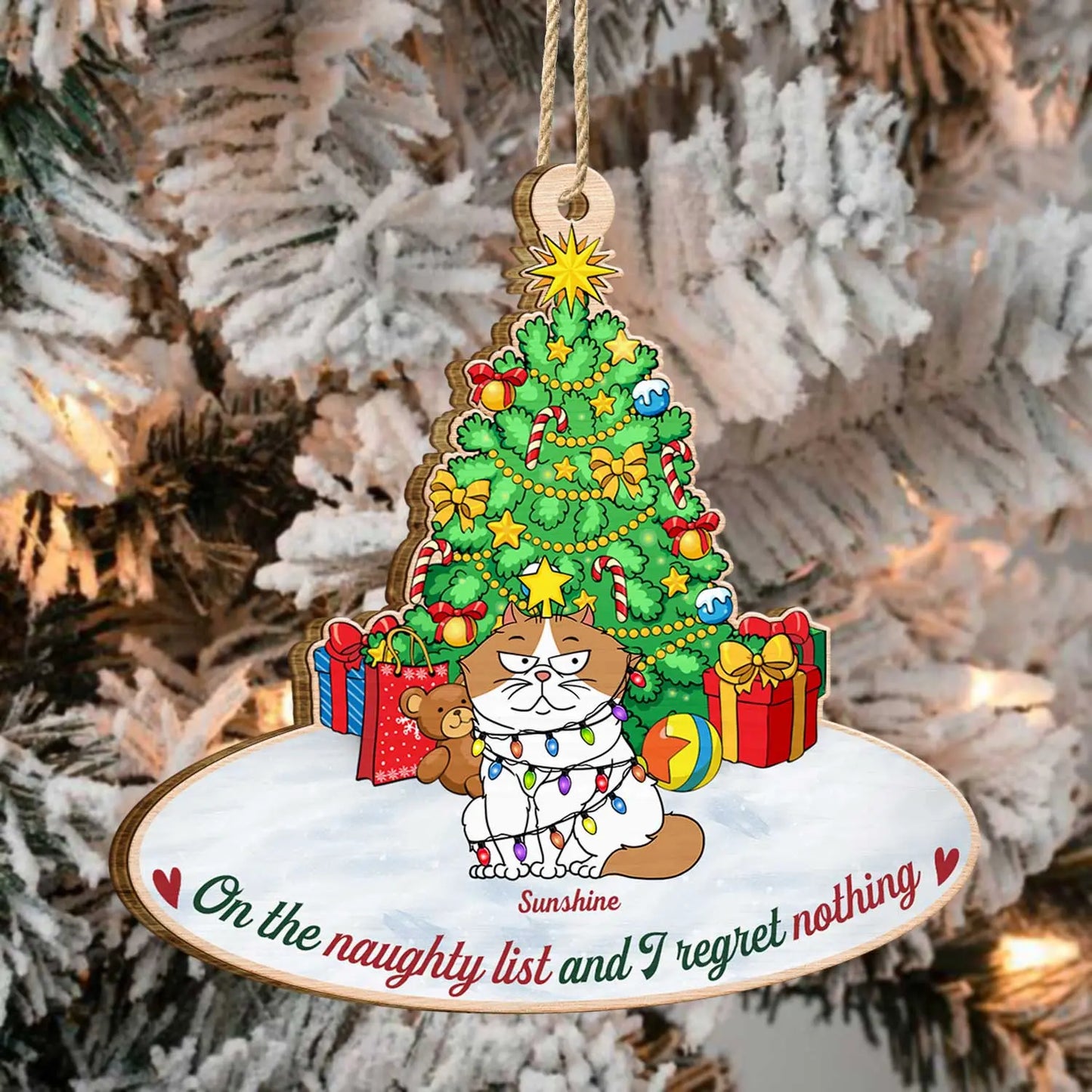 On The Naughty List & We Regret Nothing Funny Cartoon Cats - Christmas Gift For Cat Lovers - Personalized Custom Shaped Wooden Ornament Ornament The Next Custom Gift