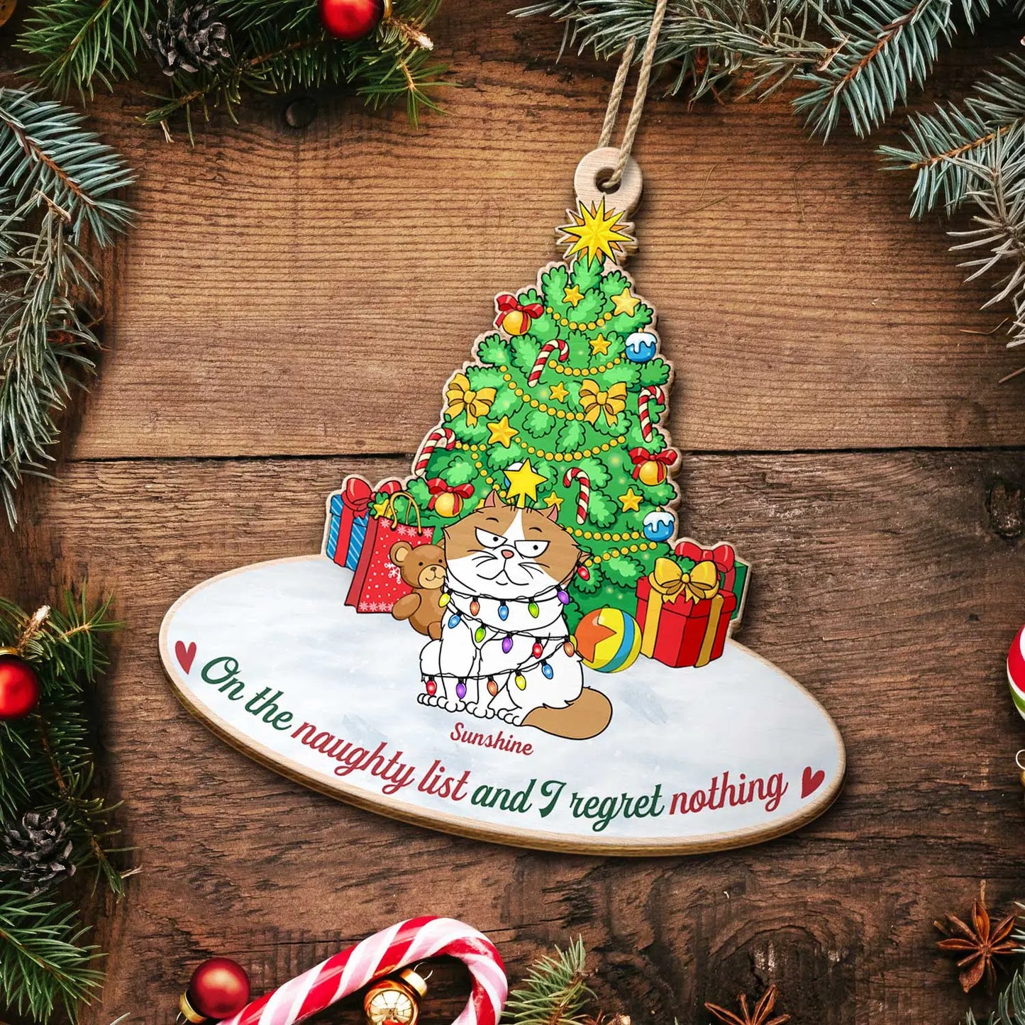 On The Naughty List & We Regret Nothing Funny Cartoon Cats - Christmas Gift For Cat Lovers - Personalized Custom Shaped Wooden Ornament Ornament The Next Custom Gift