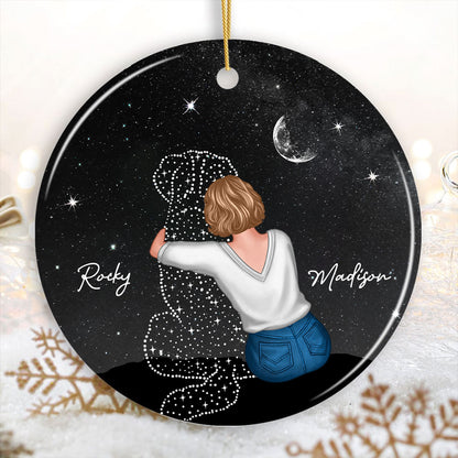 Woman And Dog Sitting Memorial Personalized Circle Ceramic Ornament