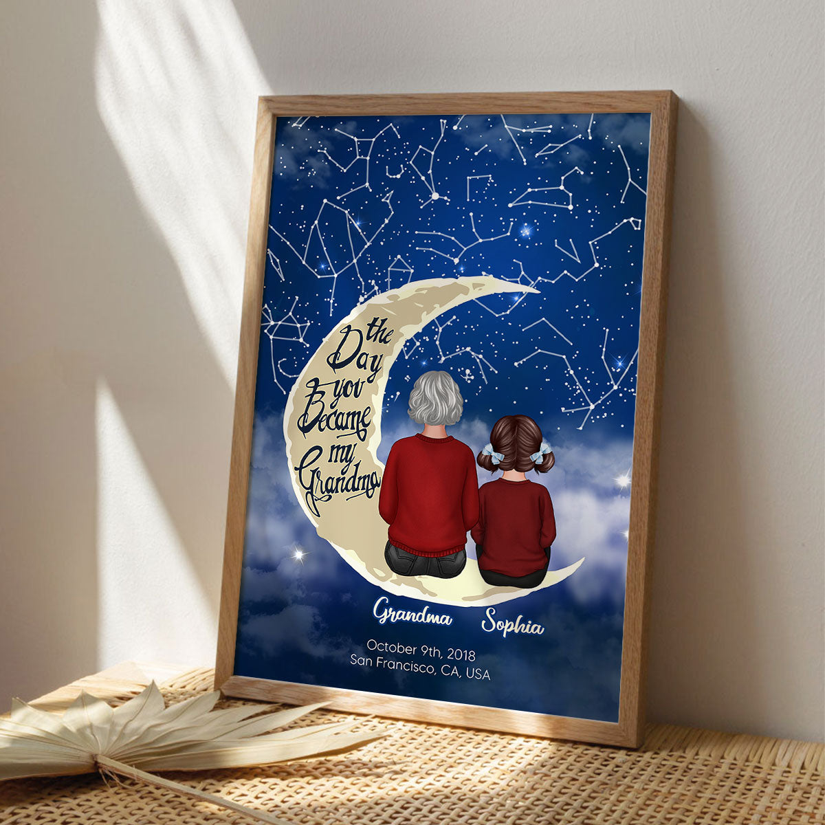 Grandma & Grandkid Sitting On Moon Custom Star Map Personalized Poster, Heartfelt Mother's Day Gift For Mom, For Grandma