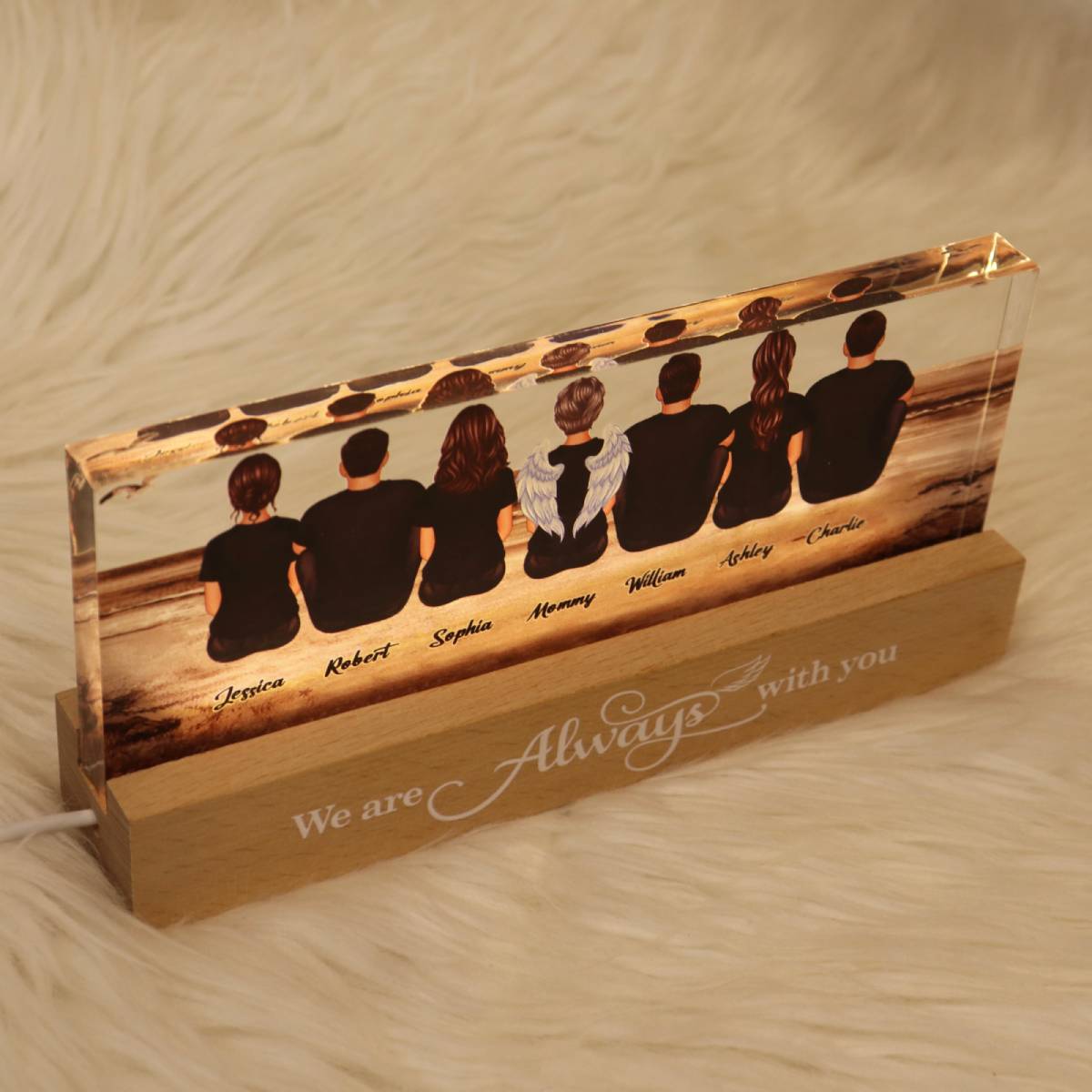 Always With You Family Sitting Retro Vintage Beach Landscape Memorial Personalized Acrylic Block LED Night Light