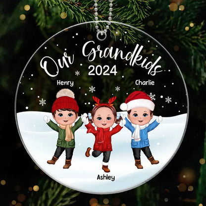 Our Grandkids Happy Doll Kids In Snow Personalized Acrylic Ornament ornament The Next Custom Gift