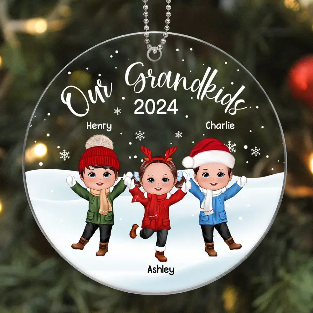 Our Grandkids Happy Doll Kids In Snow Personalized Acrylic Ornament ornament The Next Custom Gift