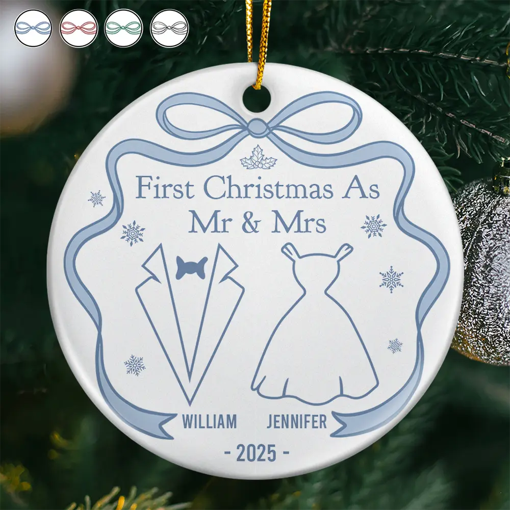 Our First Christmas Toile De Jouy - Personalized Circle Ceramic Ornament