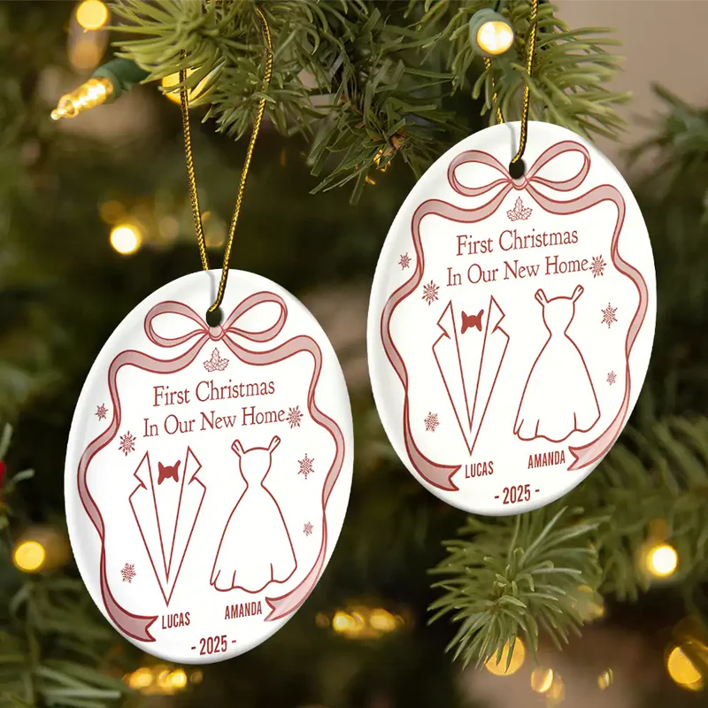 Our First Christmas Toile De Jouy - Personalized Circle Ceramic Ornament