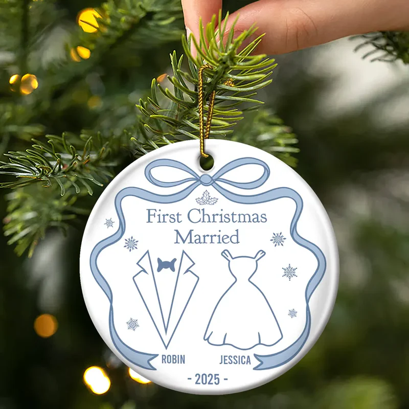 Our First Christmas Toile De Jouy - Personalized Circle Ceramic Ornament