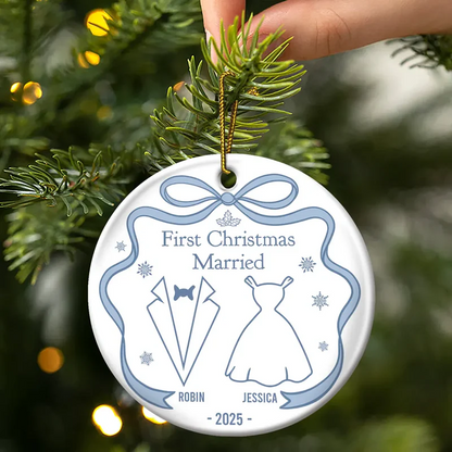Our First Christmas Toile De Jouy - Personalized Circle Ceramic Ornament