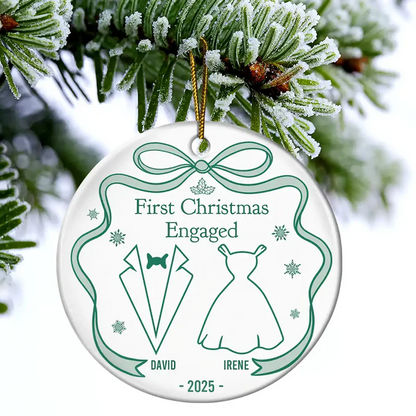 Our First Christmas Toile De Jouy - Personalized Circle Ceramic Ornament