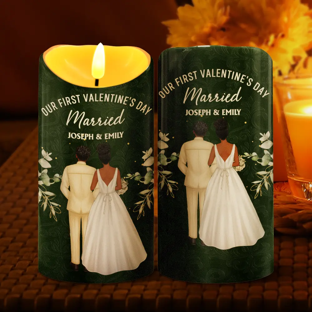 Our First Valentine As Mr & Mrs Wedding Couple Pet - Personalized Flameless LED Candle