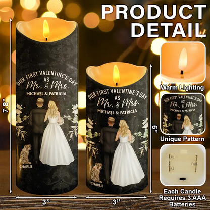 Our First Valentine As Mr & Mrs Wedding Couple Pet - Personalized Flameless LED Candle