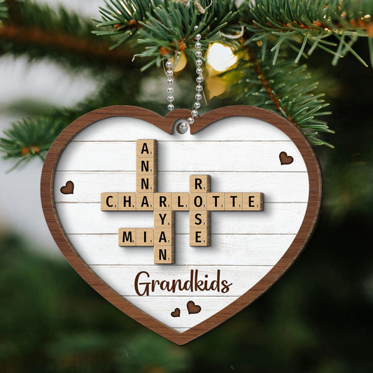 Grandkids Crossword Puzzle Art Personalized Heart Shaped 2-Layer Wooden Ornament, Christmas Gift For Grandma, Gift For Mom