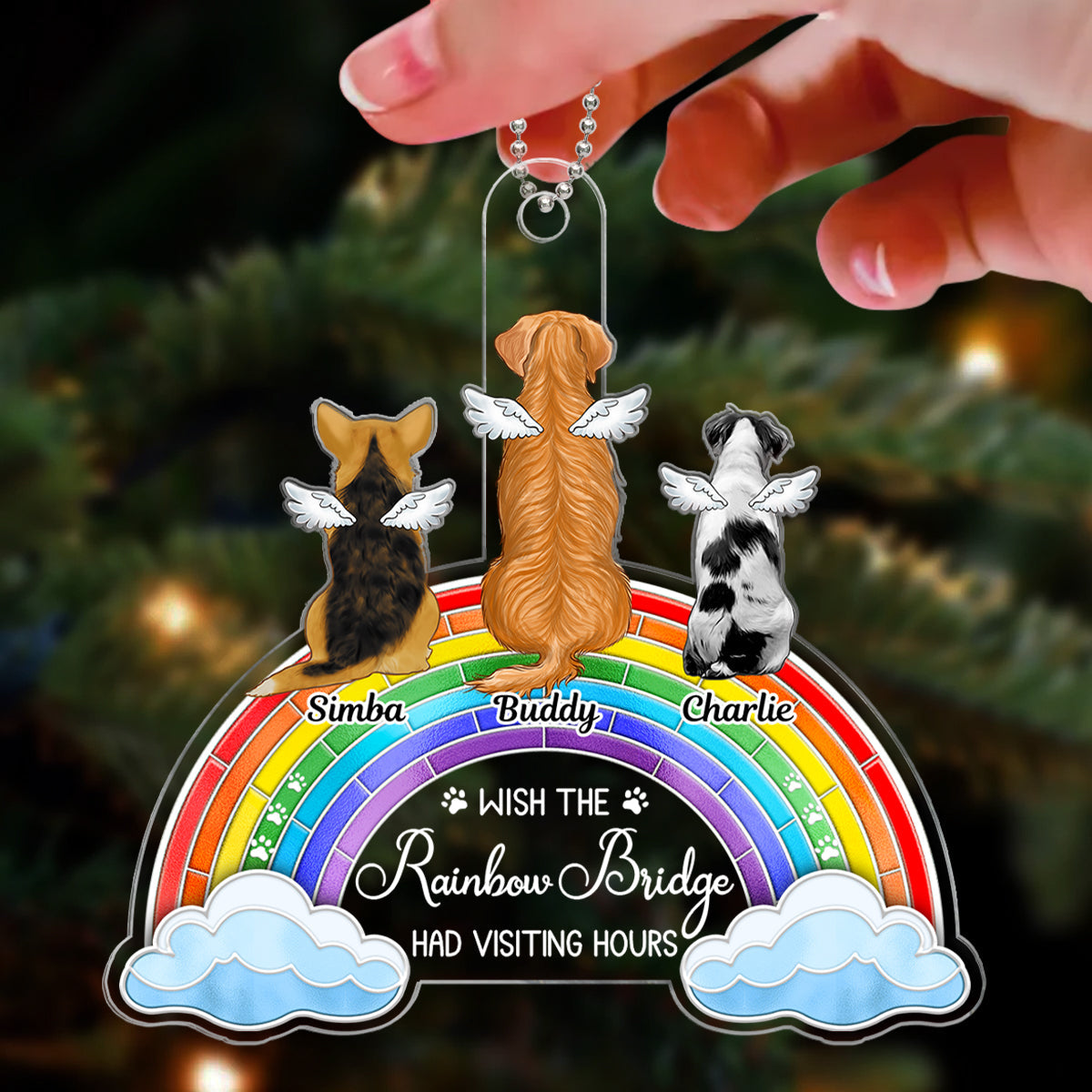 Stained Glass Rainbow Sitting Dogs Memorial Personalized Acrylic Ornament