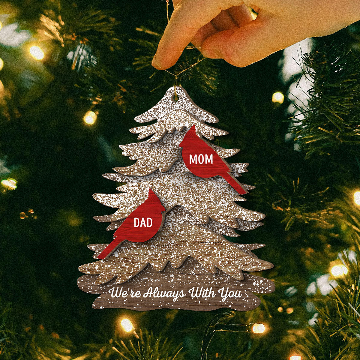 Rustic Christmas Tree Cardinals Always With You Memorial Christmas Personalized 2-Layer Wooden Ornament, Remembrance Gift, Sympathy Gift
