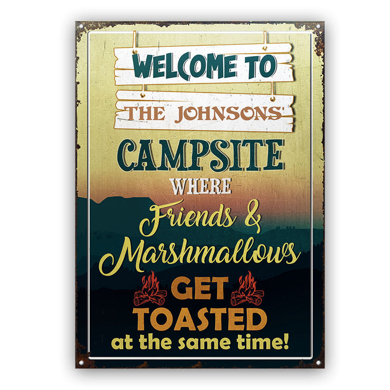 Personalized Camping Campsite Where Friends And Marshmallows Get Toasted Custom Classic Metal Signs