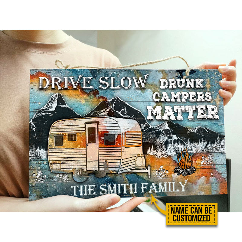 Personalized Camping Drunk Camper Matter Blue Earth Customized Wood Rectangle Sign