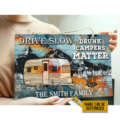 Personalized Camping Drunk Camper Matter Blue Earth Customized Wood Rectangle Sign
