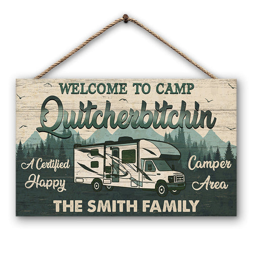 Personalized Camping Quitcherbitchin Happy Camper Area Custom Wood Rectangle Sign, Camping Outdoor Decor